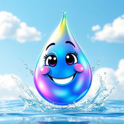 A joyful water droplet with a smiling face, sparkling like a jewel in the sunlight, surrounded by vibrant colors and playful water splashes