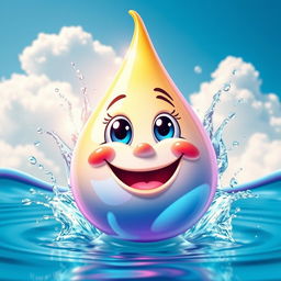 A joyful water droplet with a smiling face, sparkling like a jewel in the sunlight, surrounded by vibrant colors and playful water splashes