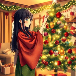 A charming Japanese girl with long black hair, wearing a festive red and green kimono, joyfully decorating a beautifully lit Christmas tree with colorful ornaments and twinkling lights