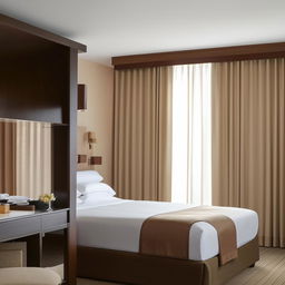 A spacious room featuring a luxurious king-sized bed, adjacent to a large window draped with elegant curtains