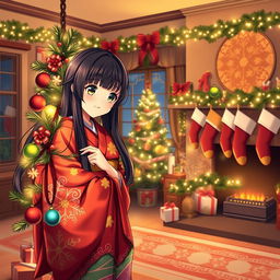 A charming Japanese girl with long black hair, wearing a festive red and green kimono, joyfully decorating a beautifully lit Christmas tree with colorful ornaments and twinkling lights