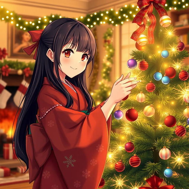 A charming Japanese girl with long black hair, wearing a festive red and green kimono, joyfully decorating a beautifully lit Christmas tree with colorful ornaments and twinkling lights