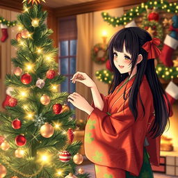 A charming Japanese girl with long black hair, wearing a festive red and green kimono, joyfully decorating a beautifully lit Christmas tree with colorful ornaments and twinkling lights