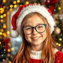A cheerful girl with golden brown hair, wearing stylish glasses and a festive Christmas hat