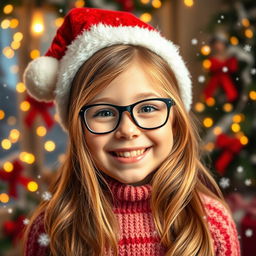 A cheerful girl with golden brown hair, wearing stylish glasses and a festive Christmas hat
