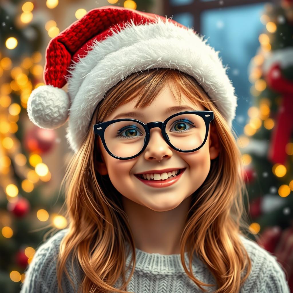 A cheerful girl with golden brown hair, wearing stylish glasses and a festive Christmas hat