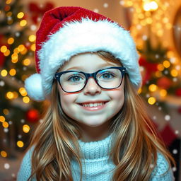 A cheerful girl with golden brown hair, wearing stylish glasses and a festive Christmas hat