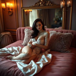 A sensual scene of a woman in a luxurious bedroom, softly lit by warm golden lights