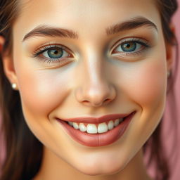 A detailed close-up of a stunningly beautiful woman's face showcasing radiant and flawless skin