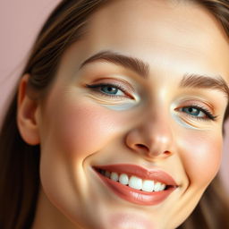 A detailed close-up of a stunningly beautiful woman's face showcasing radiant and flawless skin