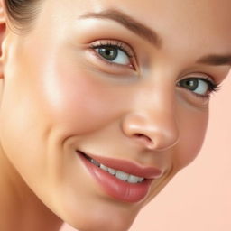 A detailed close-up of a stunningly beautiful woman's face showcasing radiant and flawless skin