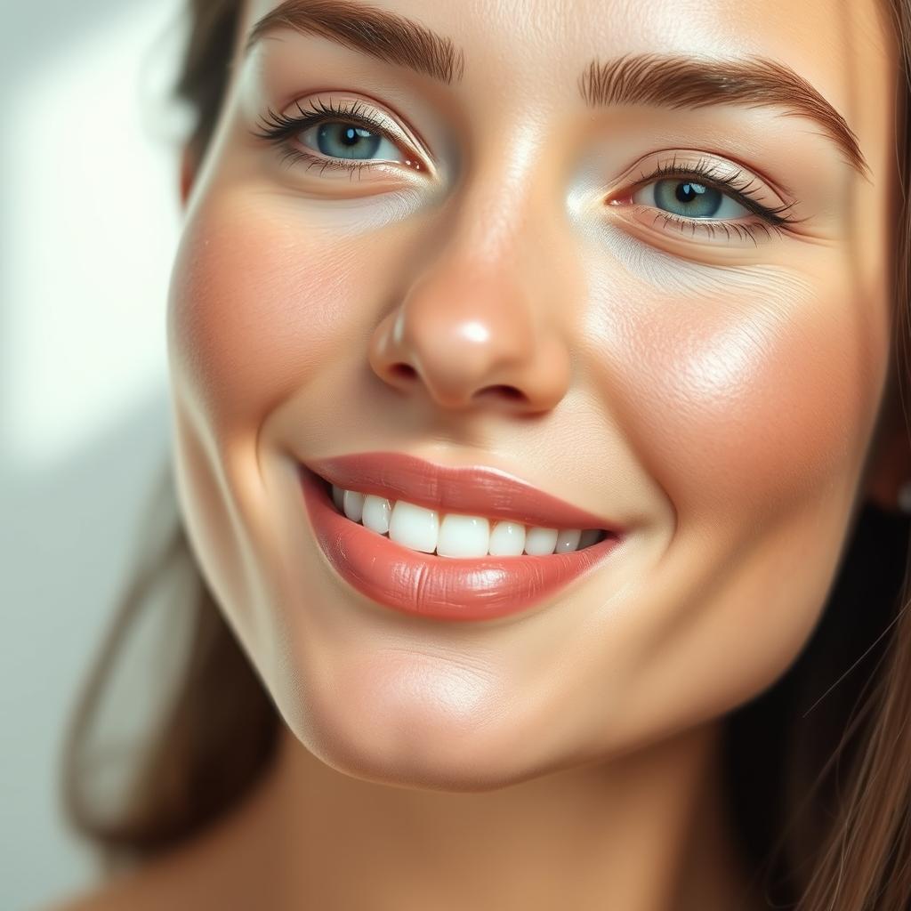 A detailed close-up of a stunningly beautiful woman's face showcasing radiant and flawless skin