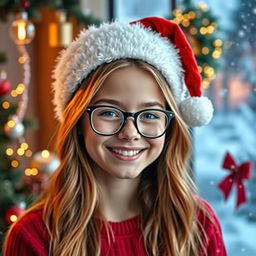 A cheerful 19-year-old girl with golden brown hair, wearing stylish glasses and a festive Christmas hat