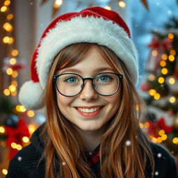 A cheerful 19-year-old girl with golden brown hair, wearing stylish glasses and a festive Christmas hat