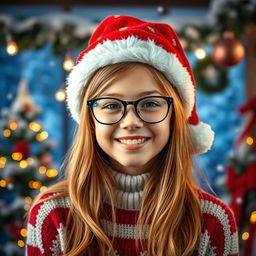 A cheerful 19-year-old girl with golden brown hair, wearing stylish glasses and a festive Christmas hat