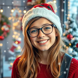 A cheerful 19-year-old girl with golden brown hair, wearing stylish glasses and a festive Christmas hat