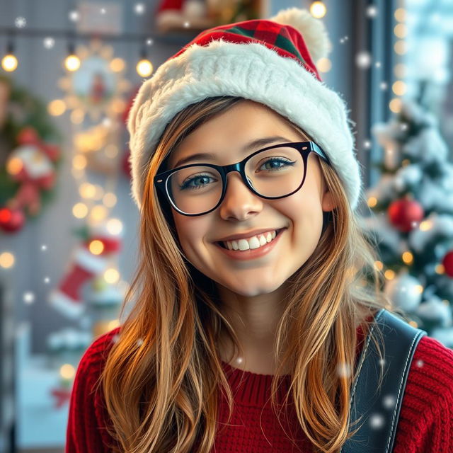 A cheerful 19-year-old girl with golden brown hair, wearing stylish glasses and a festive Christmas hat