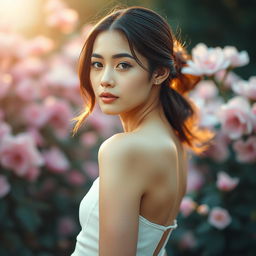 A beautiful young woman posing gracefully in an elegant and artistic manner