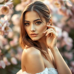 A beautiful young woman posing gracefully in an elegant and artistic manner