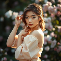A beautiful young woman posing gracefully in an elegant and artistic manner