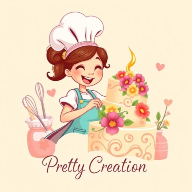 A whimsical and charming logo design featuring a young female chef with a big smile, wearing a chef's hat and a colorful apron