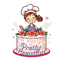 A whimsical and charming logo design featuring a young female chef with a big smile, wearing a chef's hat and a colorful apron