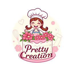 A whimsical and charming logo design featuring a young female chef with a big smile, wearing a chef's hat and a colorful apron