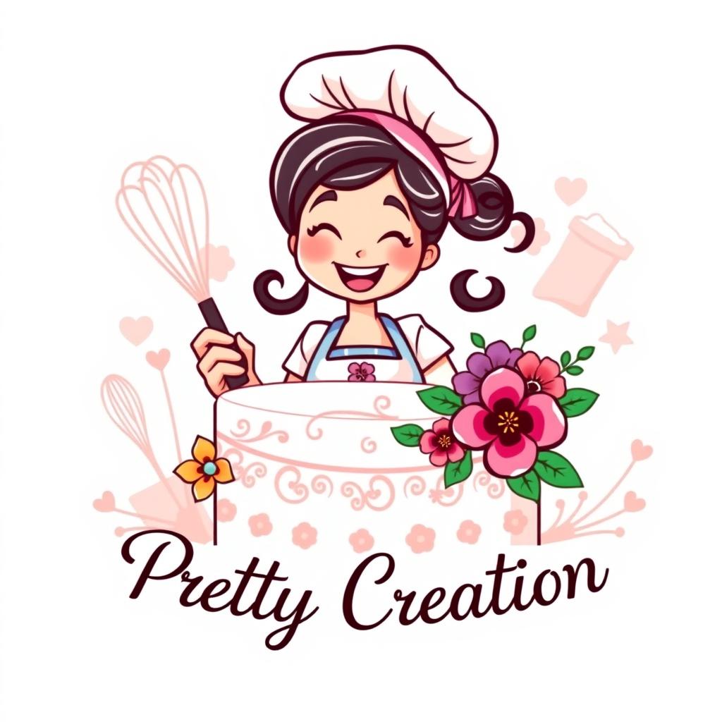 A whimsical and charming logo design featuring a young female chef with a big smile, wearing a chef's hat and a colorful apron