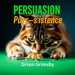 A book cover design featuring a large, bold title "Persuasion Purr-sistence" in an eye-catching font