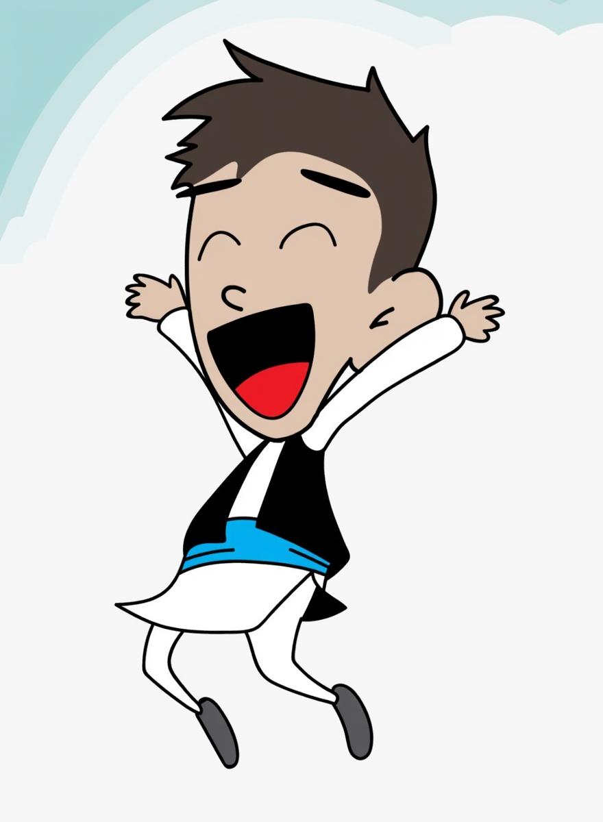 A joyful cartoon character wearing traditional clothing, with a black vest and a white outfit, dancing and celebrating