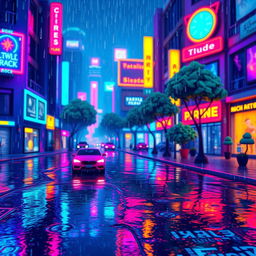 A digitally rendered scene featuring raindrops falling on a vibrant pixel art cityscape at night