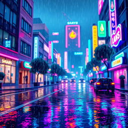 A digitally rendered scene featuring raindrops falling on a vibrant pixel art cityscape at night