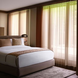 A spacious room featuring a luxurious king-sized bed, adjacent to a large window draped with elegant curtains