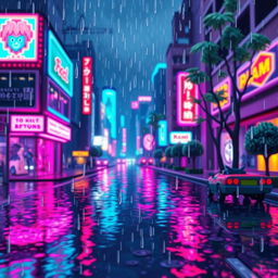 A digitally rendered scene featuring raindrops falling on a vibrant pixel art cityscape at night