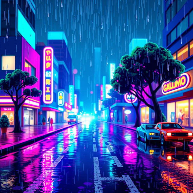 A digitally rendered scene featuring raindrops falling on a vibrant pixel art cityscape at night