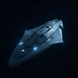 A massive yet sleek starship gliding through the darkness of space, its exterior smooth and aerodynamic