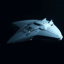 A massive yet sleek starship gliding through the darkness of space, its exterior smooth and aerodynamic