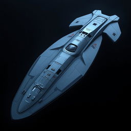 A massive yet sleek starship gliding through the darkness of space, its exterior smooth and aerodynamic