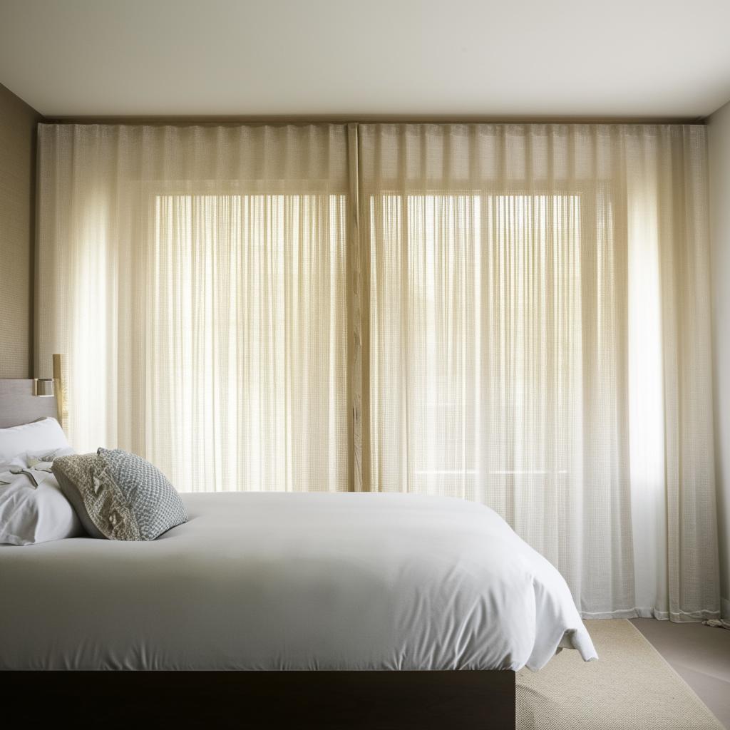 A detailed front-view of a room, showcasing a king-sized bed, a window adorned with curtains, with an emphasis on intricate interior design elements