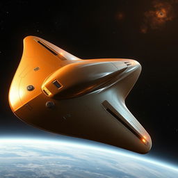 A massive yet sleek starship soaring gracefully through the depths of space, characterized by its smooth and aerodynamic design
