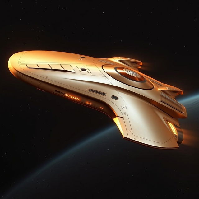 A massive yet sleek starship soaring gracefully through the depths of space, characterized by its smooth and aerodynamic design