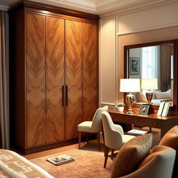 A beautifully designed room featuring a stylish and functional wardrobe (closet) with detailed wood grain patterns, elegant bedroom furniture including a cozy bed with luxurious bedding, a sleek writing desk adorned with a modern lamp and stationery, and a chic vanity table with a large mirror reflecting soft ambient light