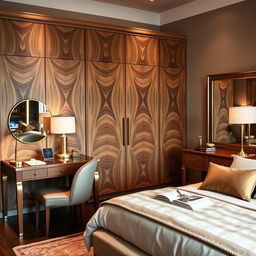 A beautifully designed room featuring a stylish and functional wardrobe (closet) with detailed wood grain patterns, elegant bedroom furniture including a cozy bed with luxurious bedding, a sleek writing desk adorned with a modern lamp and stationery, and a chic vanity table with a large mirror reflecting soft ambient light