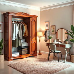 A beautifully designed interior scene featuring a wardrobe combined with a clothes rack, a writing desk, and a stylish vanity table