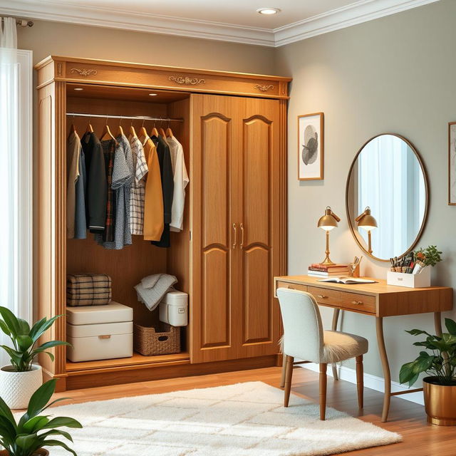 A beautifully designed interior scene featuring a wardrobe combined with a clothes rack, a writing desk, and a stylish vanity table