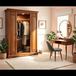 A beautifully designed interior scene featuring a wardrobe combined with a clothes rack, a writing desk, and a stylish vanity table