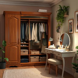 A beautifully designed interior scene featuring a wardrobe combined with a clothes rack, a writing desk, and a stylish vanity table