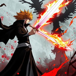 Ichigo Kurosaki in his Bankai form, wielding his impressive sword with a fiery aura surrounding him
