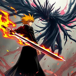 Ichigo Kurosaki in his Bankai form, wielding his impressive sword with a fiery aura surrounding him