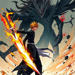 Ichigo Kurosaki in his Bankai form, wielding his impressive sword with a fiery aura surrounding him